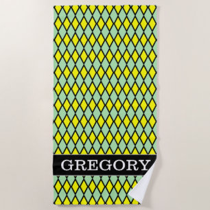 Serviette De Plage Nom + Motif jaune et vert de forme de diamant