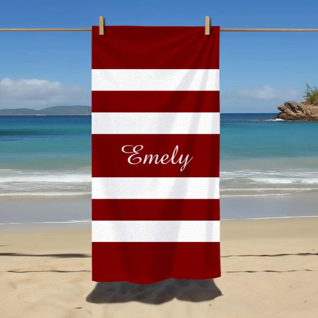 Serviette De Plage Nom Motif moderne rouge rayé (Custom Name Name Modern Red Striped Pattern Beach Towel)