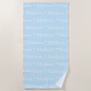 Serviette De Plage Nom personnalisable, texte, bleu clair blanc