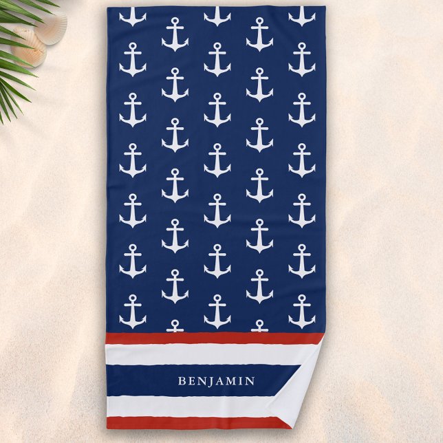 Serviette De Plage Nom personnalisé Ancre Bleu bleu marine (Créateur téléchargé)