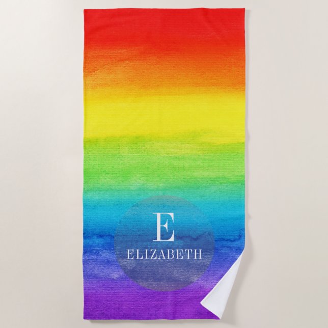 Serviette De Plage Nom personnalisé Aquarelle arc-en-ciel initiale (Devant)
