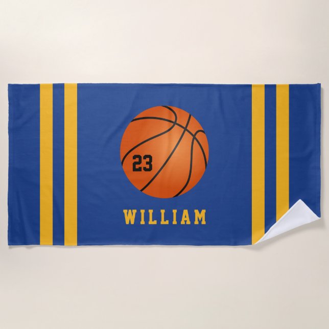 Serviette De Plage Nom personnalisé Basketball Bleu Jaune Bandes (Devant)