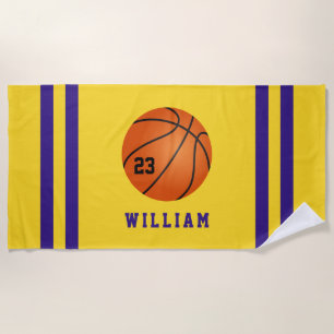 Serviette De Plage Nom personnalisé Basketball Jaune Purple Stripes