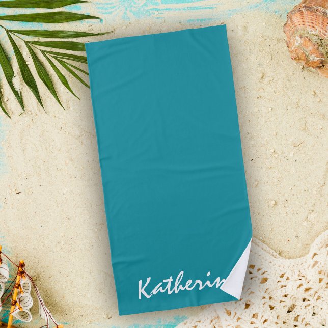 Serviette De Plage Nom personnalisé couleur uni Aqua Blue Vacances (Créateur téléchargé)
