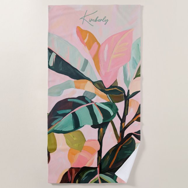 Serviette De Plage Nom personnalisé de feuillage tropical bohème colo (Devant)