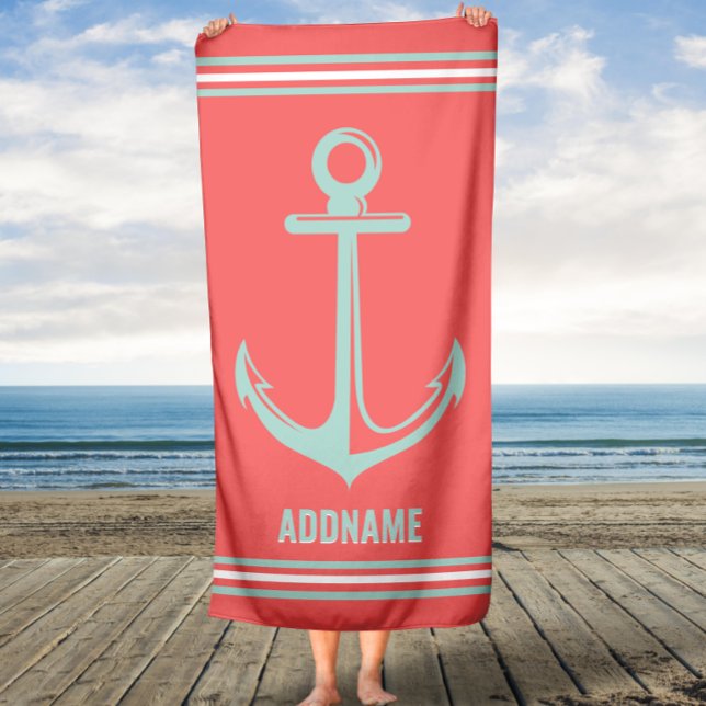 Serviette De Plage Nom personnalisé de l'Ancre orange et légère (Créateur téléchargé)