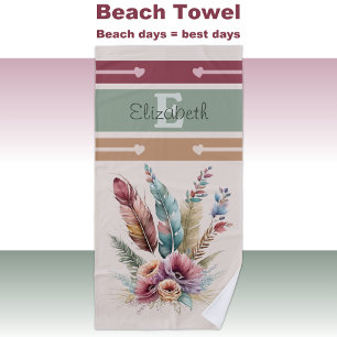 Serviette De Plage Nom personnalisé initial floral