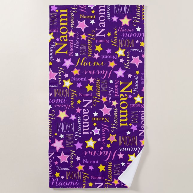 Serviette De Plage Nom personnalisé jaune rose pourpre Naomi stars (Devant)