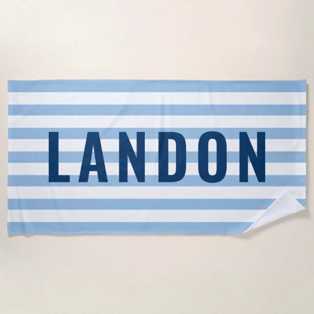 Serviette De Plage Nom personnalisé moderne Marine Bleu rayé (Devant)