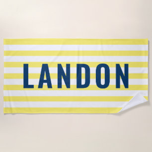 Serviette De Plage Nom personnalisé moderne Marine Jaune rayé