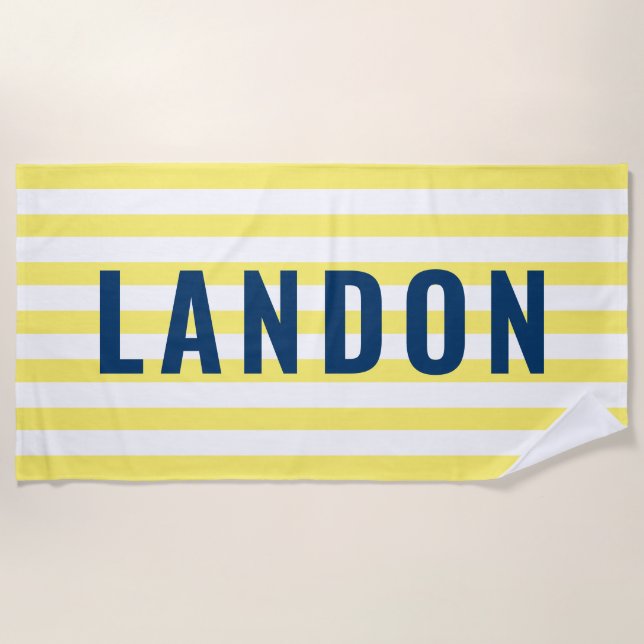 Serviette De Plage Nom personnalisé moderne Marine Jaune rayé (Devant)