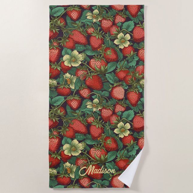 Serviette De Plage Nom personnalisé Motif fraise (Devant)