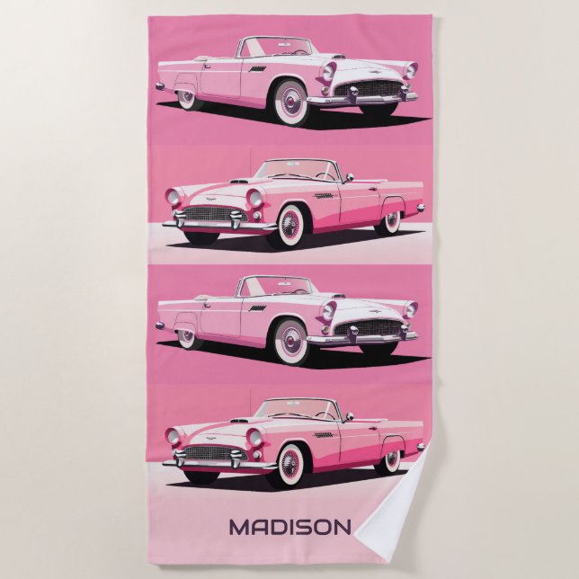 Serviette De Plage Nom personnalisé Pink Classic Car (Devant)