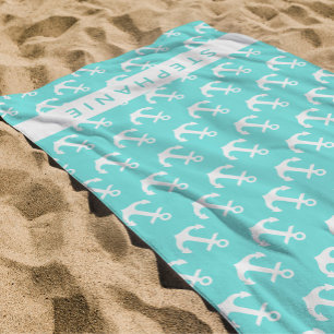 Serviette De Plage Nom personnalisé Turquoise Ancre blanche marine