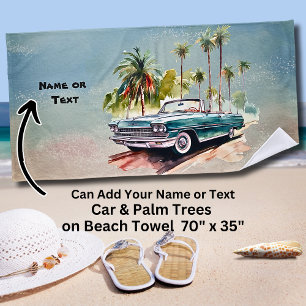 Serviette De Plage Nom, Vieille Voiture Bleue avec Palmiers