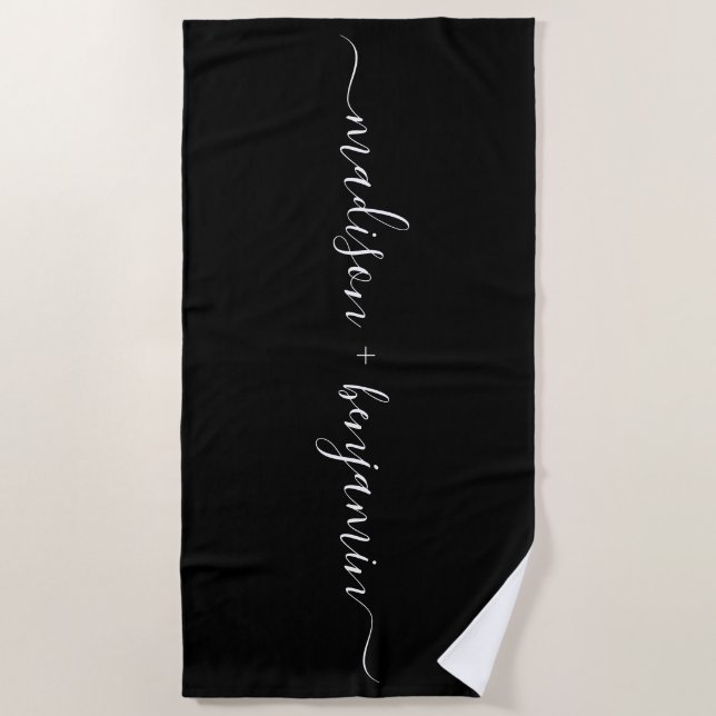 Serviette De Plage Noms de jeunes mariés chic monogramme noir blanc (Devant)