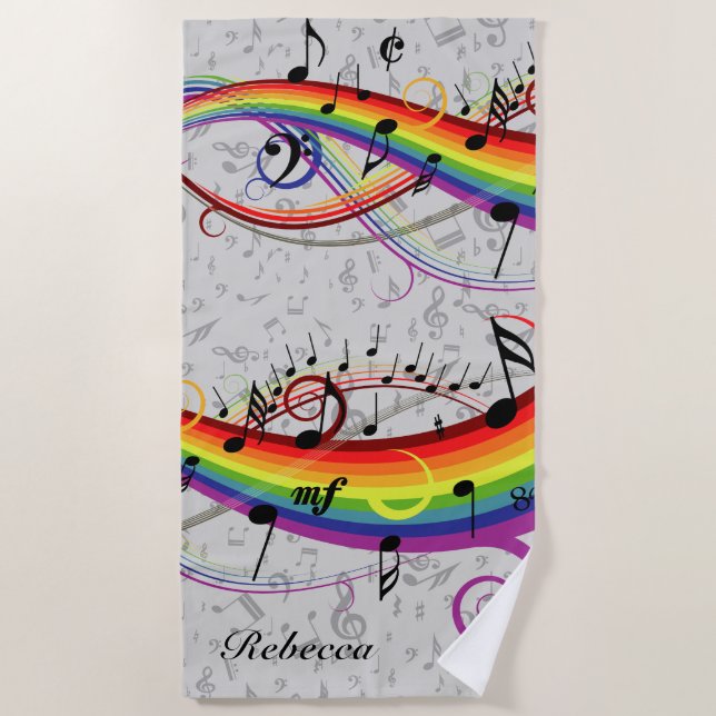 Serviette De Plage Notes musicales noires d'arc-en-ciel sur le gris (Devant)