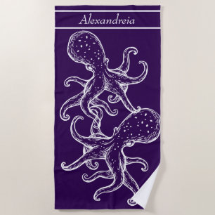 Serviette De Plage Octopus blanc marine moderne océan violet