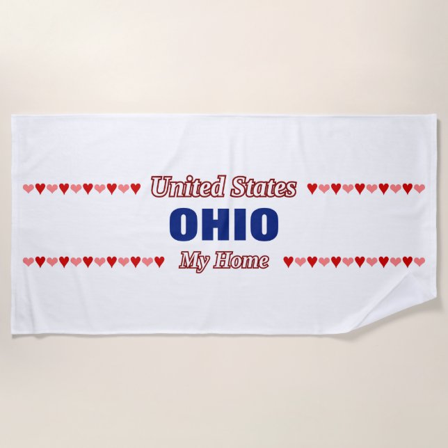 Serviette De Plage OHIO - Mon domicile - États-Unis; Coeurs rouges et (Devant)