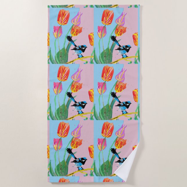 Serviette De Plage Oiseau bleu usé Fleurs roses et bleues (Devant)