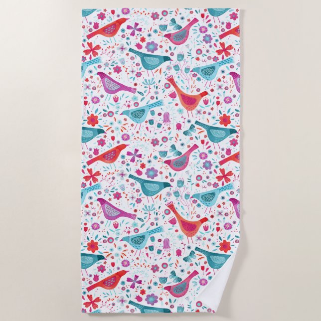 Serviette De Plage Oiseaux et fleurs d'aquarelle modernes (Devant)