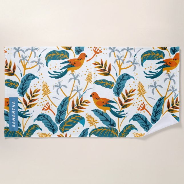 Serviette De Plage Oiseaux exotiques et motifs feuille tropicaux (Devant)