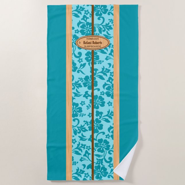 Serviette De Plage okuleia Hawaiian Faux Wood Monogram Surboard Turqu (Devant)