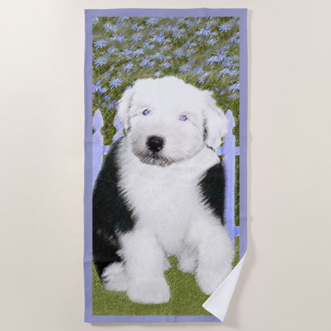 Serviette De Plage Old English Sheepdog Puppy Painting (Devant)