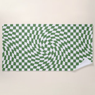 Serviette De Plage Olive Green & White À damiers Motif déformé