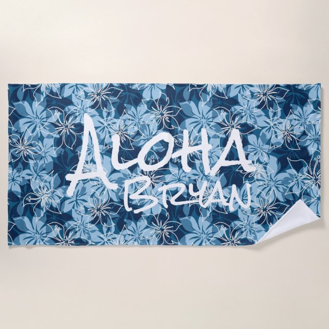 Serviette De Plage Olowalu Hibiscus Hawaii Camo Aloha Monogram Marine (Devant)