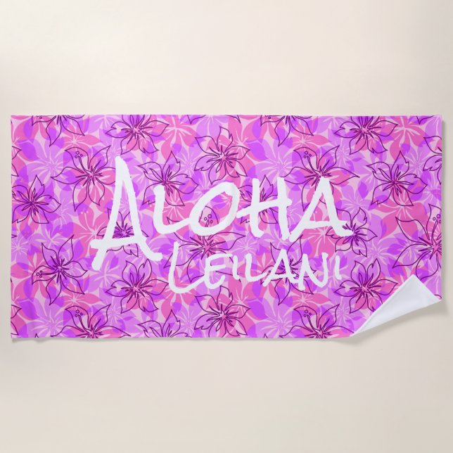 Serviette De Plage Olowalu Hibiscus Hawaii Camo Aloha Monogramme rose (Devant)