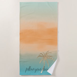 Serviette De Plage Ombre de palmiers tropicaux d'or Aqua Peach      