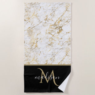 Serviette De Plage Or et Marbre blanc avec Monogramme noir