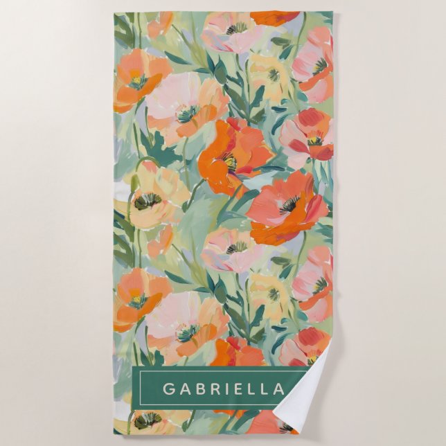 Serviette De Plage Orange Abstrait Pavot Floral Personnalisé (Devant)