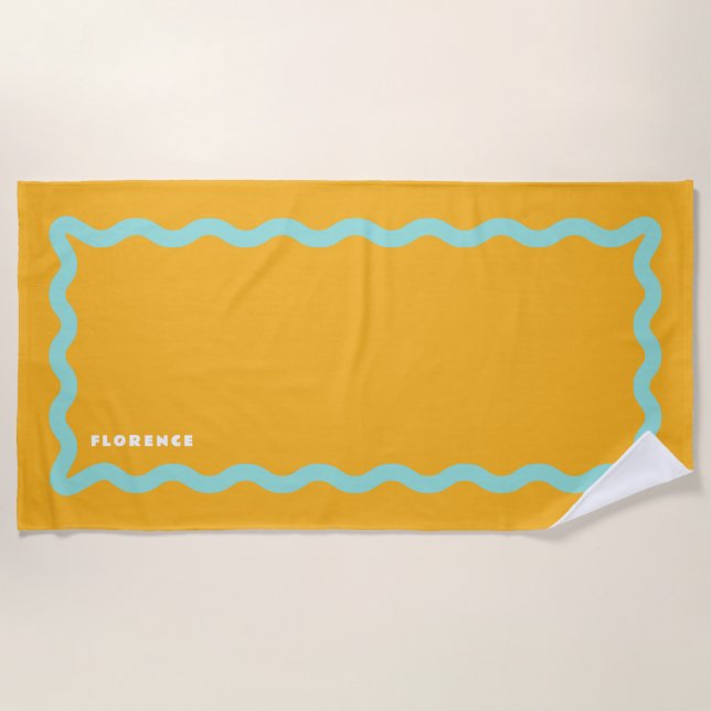 Serviette De Plage Orange et Aqua Squiggle avec texte (Devant)