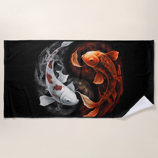 Serviette De Plage Orange Et Blanc Lucky Koi Poisson Japon Art (Devant)