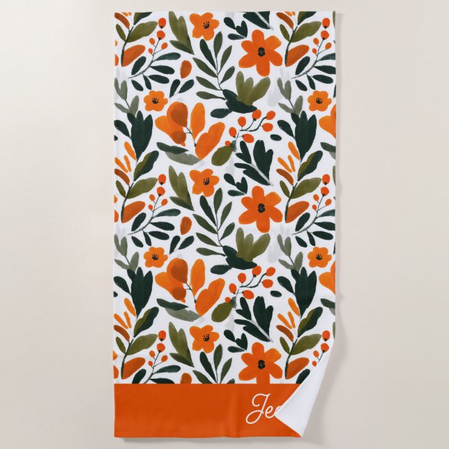 Serviette De Plage Orange Spring Flowers Elegant Floral Pattern Name  (Devant)