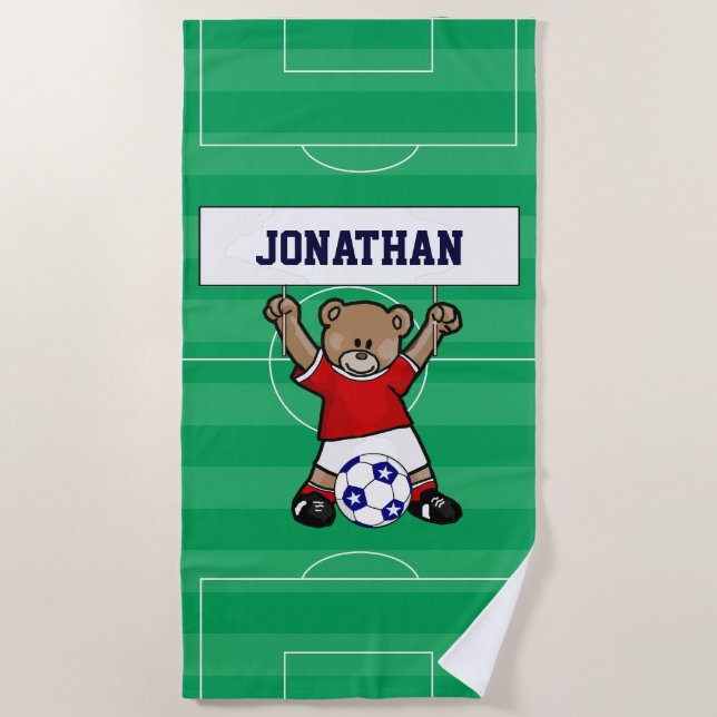 Serviette De Plage Ours en peluche de soccer personnalisé (rouge) (Devant)