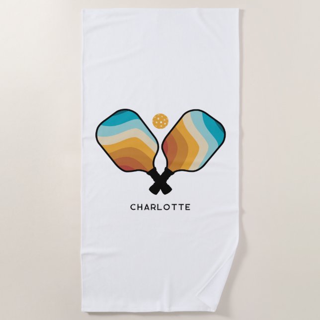 Serviette De Plage Pagaies de Pickleball Retro & Ball Nom personnalis (Devant)