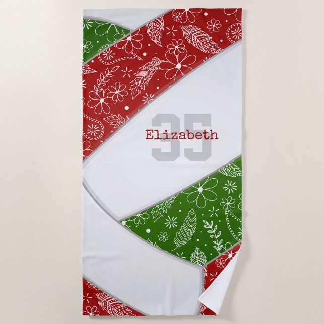 Serviette De Plage paisleys floral artsy rouge vert boho volleyball (Devant)