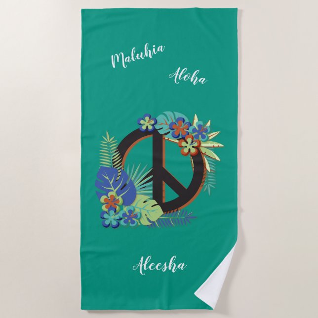Serviette De Plage Paix hawaïenne Amour Nom Personnalisé Vert de mer (Devant)