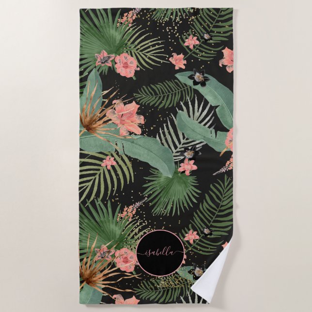 Serviette De Plage Palme tropicale Feuille rose Floral Monogramme noi (Devant)