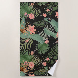 Serviette De Plage Palme tropicale Feuille rose floral noir