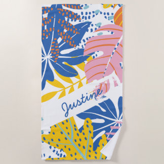 Serviette De Plage Palme tropicale moderne rose bleu jaune