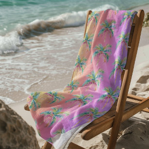 Serviette De Plage Palmier au coucher de soleil tropical rose 