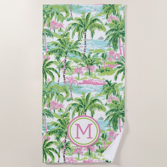 Serviette De Plage Palmiers tropicaux rose et vert de Preppy Monogram (Devant)