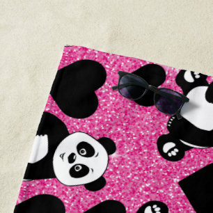 Serviette De Plage Panda Bear Amoureux des animaux Black Hearts Pink 