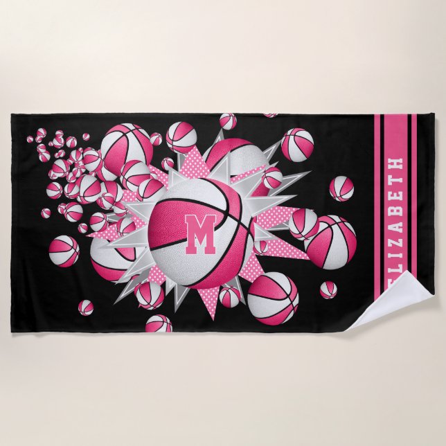 Serviette De Plage paniers blancs rose étoiles son nom monogrammed (Devant)