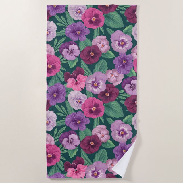 Serviette De Plage Pansies colorées sur bleu vert foncé (Devant)