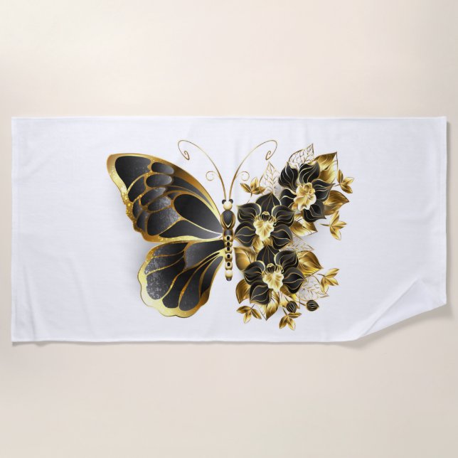 Serviette De Plage Papillon à fleurs d'or avec orchidée noire (Devant)